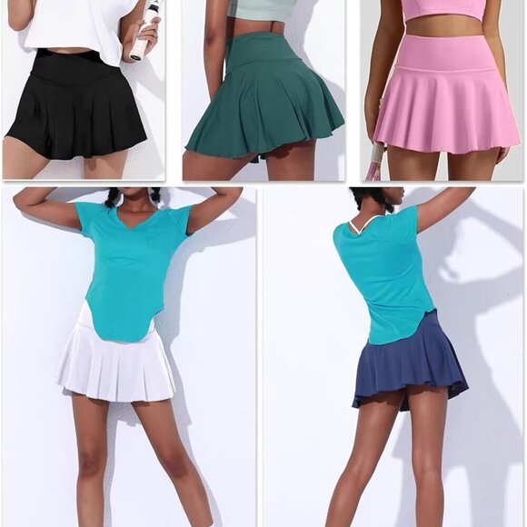 Women's Green High-Waisted Pleated Tennis Skirt with Pockets, Breathable Workout - Picture 5 of 6